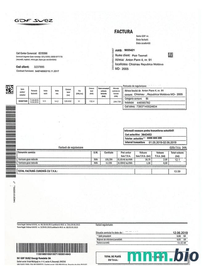 Szablon rachunku za gaz w Mołdawii, w pełni edytowalny w formacie PSD